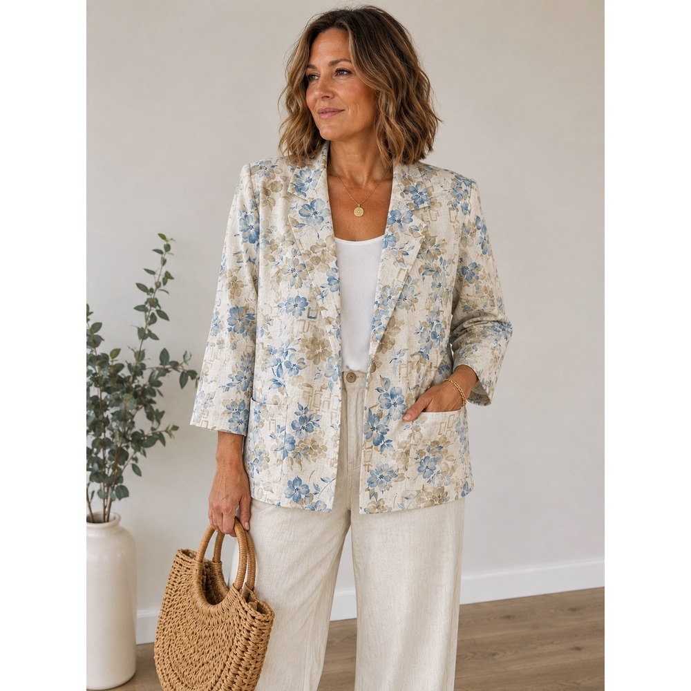 Vintage Alice Stuart Floral Open Front Jacket Made USA Blue Beige Flax Blend